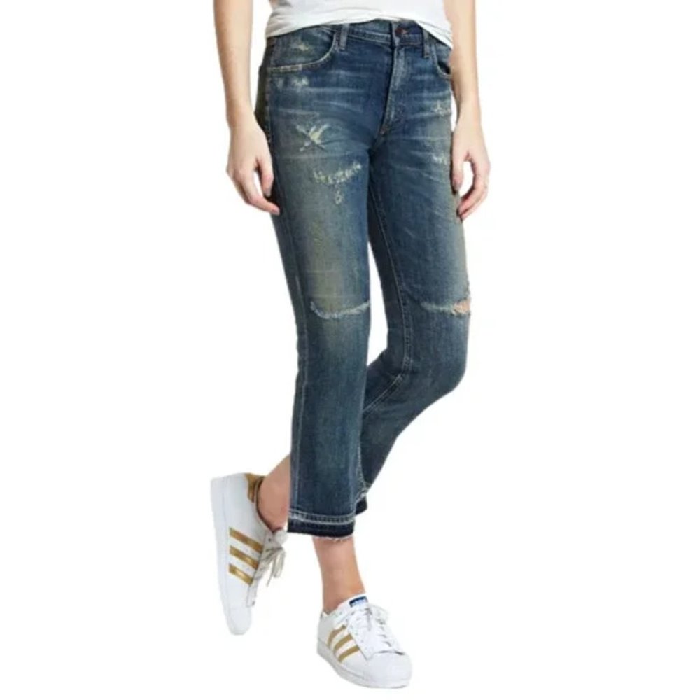 Citizens of Humanity COH Drew Crop Flare Distressed Raw Hem Jeans, size 24